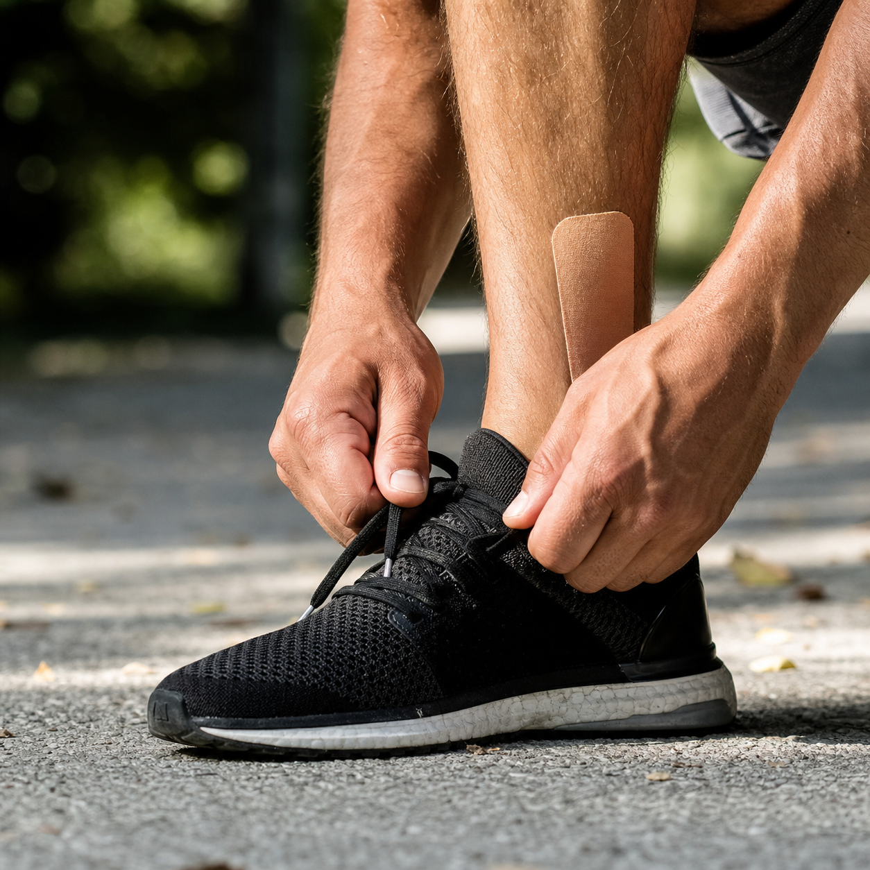 Athlete tying running shoe