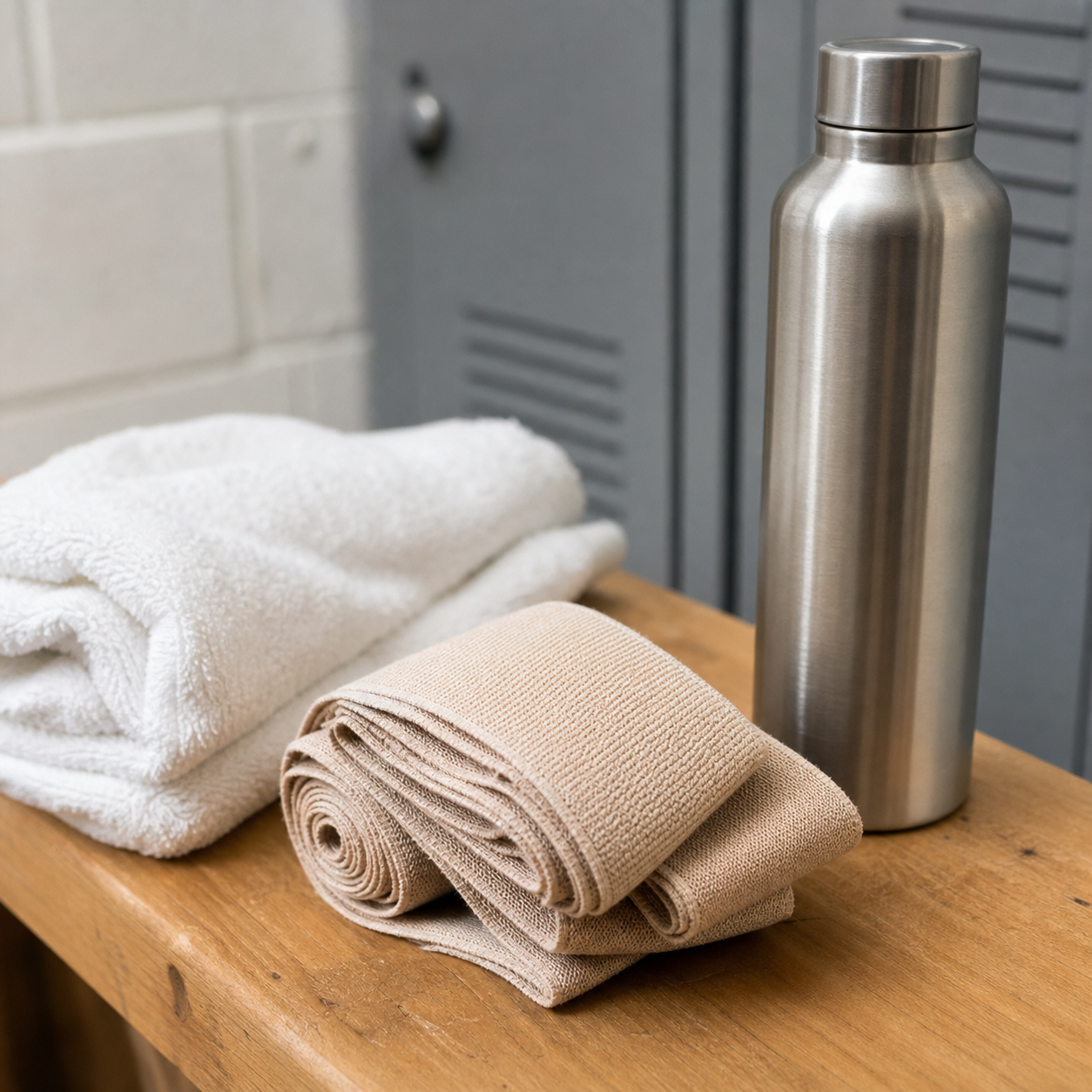 Neutral athletic support tape beside a towel and water bottle
