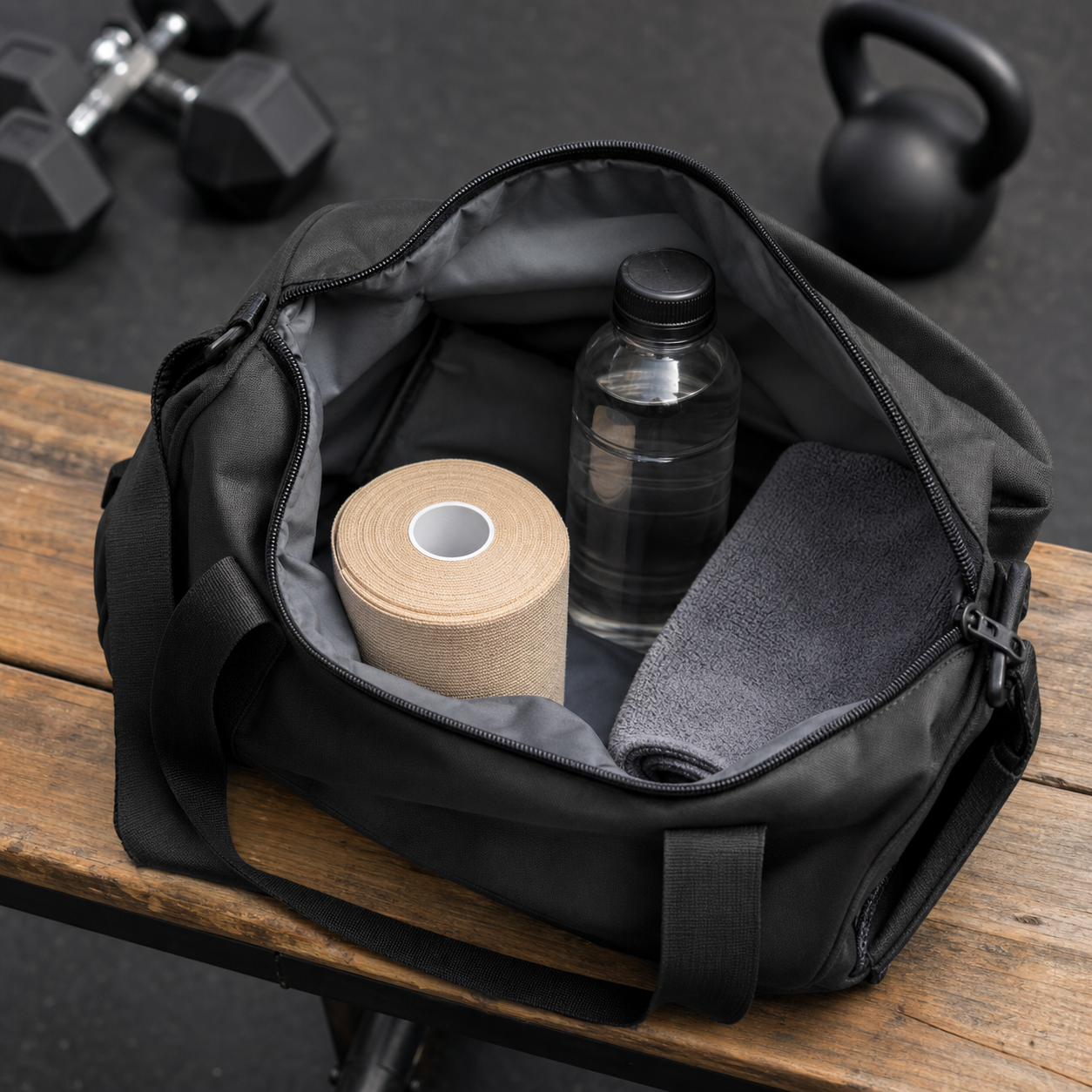 Unbranded athletic support tape in a simple gym bag