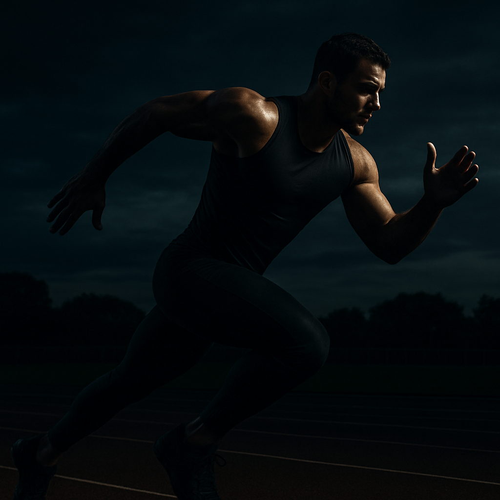 A male athlete sprinting on a track at dusk